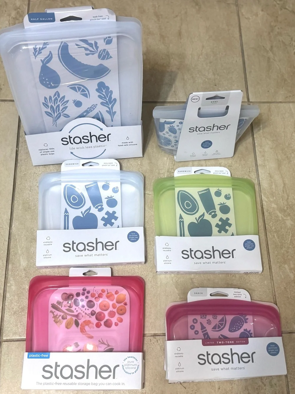 Stasher™ Silicone Reusable  1/2 gallon, 2 Cup Bowl, 3 Sandwich and 1 snack